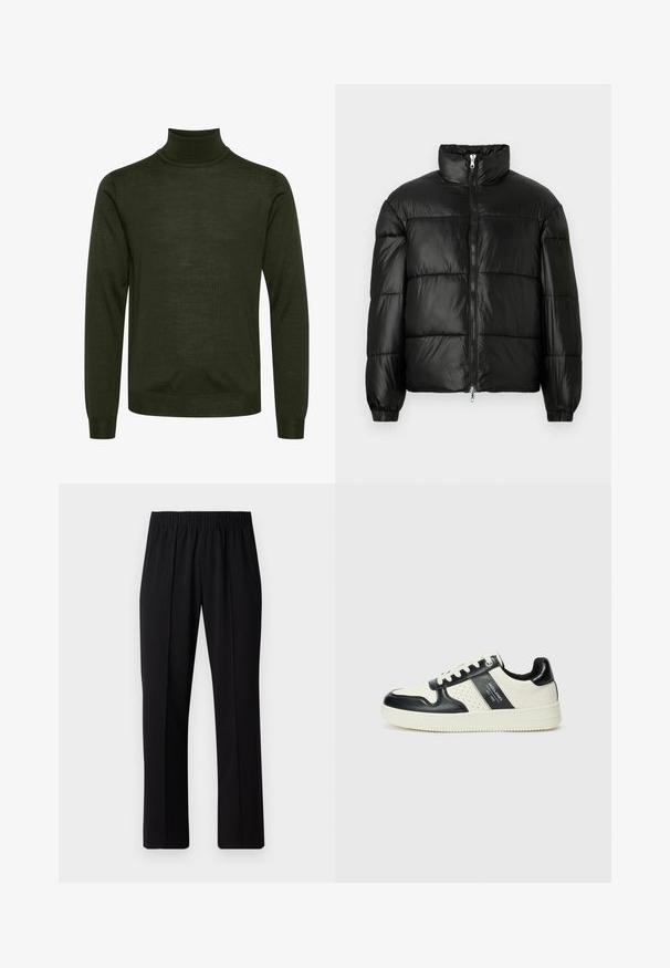 Must mustaga jakker, millel on kõrge krae, luku esikinnitus, tikanditud disain, elastsed mansetid ja läikiv, sile kangast viimistlus.; Tume roheline pikade varrukatega kõrge kaelusega sviiter, millel on soonilised mansetid ja vöökoht, omades siledat kudumistruktuuri.; Mustad, elastse puusärgid sirge säärega, mis on sileda tekstuuriga ja ilma nähtavate mustrite või riistadega.; Nahatud nahkkingad musta ja kreemi värviskeemiga, millel on perforeeritud aktsendid, pehme krae ja tekstureeritud tallad.