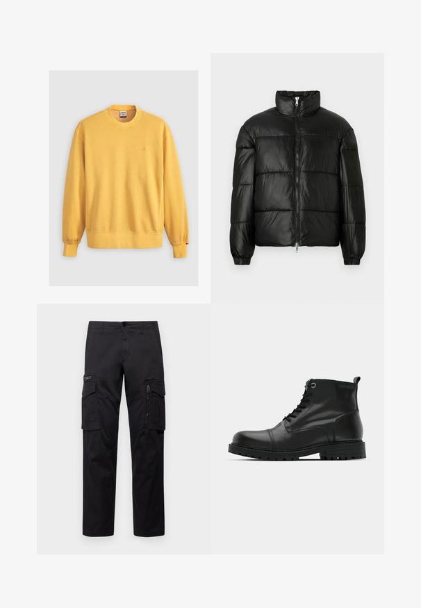 Svart pufferjakke med høy krage, glidelås foran, quiltet design, elastiske mansjetter og blank, glatt stofffinish.; Gul genser laget av bomull, med rund hals, ribbestrikkede ermer og et brodert logo på brystet. Glatt tekstur.; Sorte cargo bukser med flere lommer, en lynlåslomme på låret, rett passform og solid bomullsstoff med lett glans.; Svarte skinn ankelstøvler med rund tå, snøring, kontrasterende grå øyelets og robust gummisåle. Glatt tekstur med minimale detaljer.