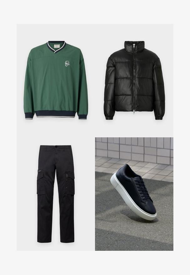 Schwarze Daunenjacke mit hohem Kragen, Reißverschluss vorne, gestepptem Design, elastischen Bündchen und glänzendem, glattem Stofffinish.; Grüner Pullover mit V-Ausschnitt, kontrastierendem marineblauem Rippkragen und elastischen Bündchen. Verfügt über ein kleines weißes Logo auf der Brust. Leichtes Material.; Schwarze Cargo-Hosen mit mehreren Taschen, einer Reißverschlusstasche am Oberschenkel, geradem Schnitt und strapazierfähigem Baumwollstoff mit leichtem Glanz.; Schwarze Leder-Sneaker mit runder Zehenpartie und weißer Gummisohle. Verfügt über flache Schnürsenkel und minimale Nähte im Obermaterial. Strukturiertes Sohlenprofil für besseren Halt.