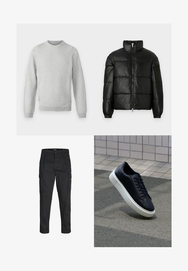 Juodas pūkinis švarkas su aukštu apykakle, užtrauktuko priekyje, siuvinėtu dizainu, elastingais rankogaliais ir blizgia, lygiąja audinio apdaila.; Šviesiai pilka banguota megztinis su apvaliu iškirpimu, ilgomis rankovėmis ir tiesiu hemu. Pagamintas iš minkštos, tekstūruotos medžiagos.; Juodi krovinių tipo džinsai, pagaminti iš tvirto audinio, su keliais kišeniais, mygtuko uždarymu ir siauru, prigludusiu dizainu su siaurėjančiomis kojomis.; Juodas odinis sportbačius su apvaliu pirštu ir baltu gumuotu padu. Turi plokščias raišteles ir minimalų siuvimą viršuje. Padangos tekstūra užtikrina sukibimą.
