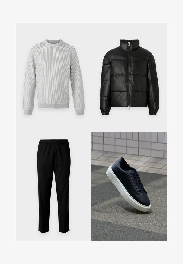 Fekete puffernadrág magas gallérral, cipzáras elülső záródással, steppelt kialakítással, elasztikus mandzsettákkal és fényes, sima szövetfelülettel.; Világosszürke bordás pulóver kerek nyakkivágással, hosszú ujjakkal és egyenes szegélyezéssel. Puha, texturált anyagból készült.; Fekete nadrág, rugalmas derékkal, egyenes szárú kialakítással. Az anyag sima, matt textúrával rendelkezik, nincsenek látható minták.; Fekete bőr sportcipő lekerekített orral és fehér gumitalppal. Lapos fűzőkkel és minimális varrásokkal rendelkezik a felsőrészén. Mintás talp a tapadásért.