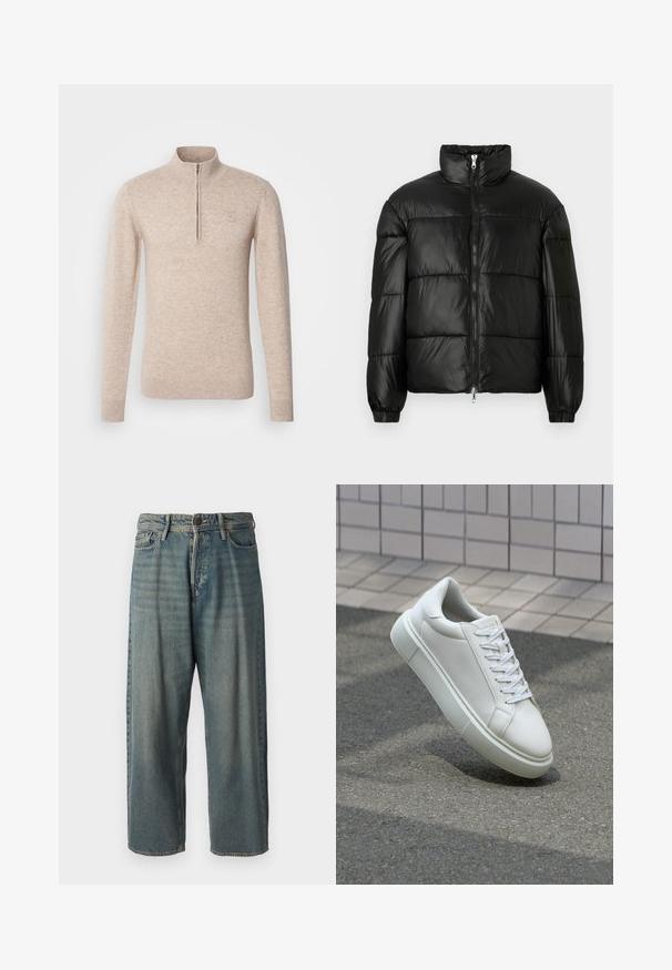 Geacă neagră din material puffy, cu guler înalt, închidere cu fermoar pe față, design matlasat, mansete elastice și finisaj din țesătură lucioasă și netedă.; INDICODE JEANS Pulover - beige mix; Jeans din denim bleu deschis, cu o croială lejeră, talie medie și picioare drepte. Au cinci buzunare, bucle pentru curea și închidere cu nasture.; Sneaker alb din piele cu o suprafață netedă, vârf rotund și șireturi plate albe. Dispune de o talpă din cauciuc texturată și elemente de design minimale.