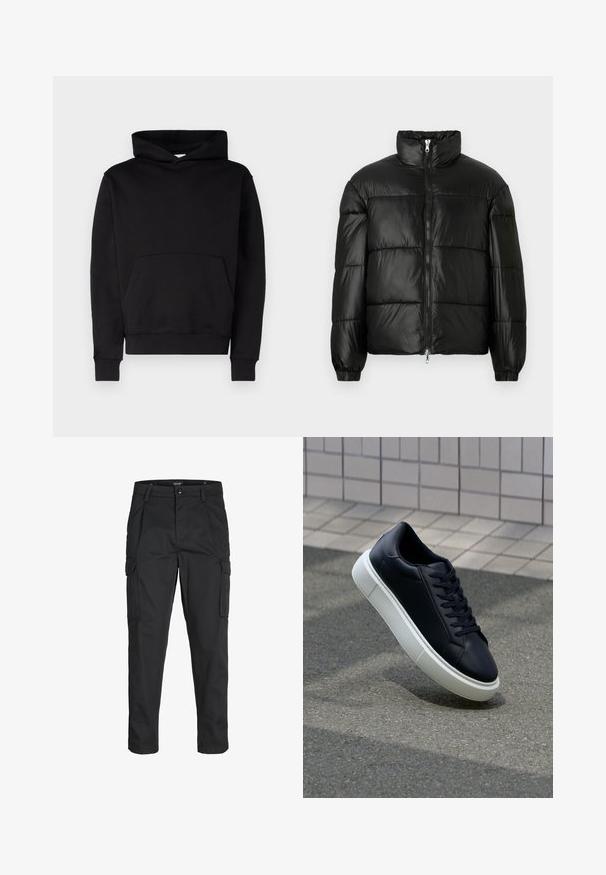 Crna puffer jakna s visokim ovratnikom, zatvaranjem na zip, quilted dizajnom, elastičnim manžetama i sjajnim, glatkim materijalom.; Crna dukserica od mekog materijala, s kenguruvim džepom, rebrastim manžetama i kapuljačom s vezicom. Nema vidljivih uzoraka ili logotipa.; Crne cargo hlače izrađene od čvrstog materijala, s brojnim džepovima, kopčanjem na gumb i dizajnom koji pomaže da se prilagode tijelu sa suženim nogavicama.; Crne kožne tenisice s zaobljenim vrhom i bijelim gumiranim potplatom. Imaju ravne vezice i minimalno šivanje na gornjem dijelu. Teksturirani potplat za bolje prianjanje.