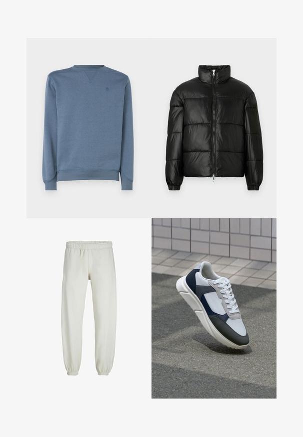 Fekete puffernadrág magas gallérral, cipzáras elülső záródással, steppelt kialakítással, elasztikus mandzsettákkal és fényes, sima szövetfelülettel.; Puha anyagból készült kék kapucnis pulóver, kerek nyakkivágással, bordázott mandzsettákkal és egy kis logóval a mellkason. Sima tapintású.; Fehér melegítőnadrág, puha anyagból készült, rugalmas derékrésszel és mandzsettával, sima tapintású és laza szabású.; Fehér, tengerészkék és szürke sneaker vegyes anyagokból készült dizájnnal, amely textúrázott felsőrésszel, lapos fűzőkkel és párnázott talppal rendelkezik.