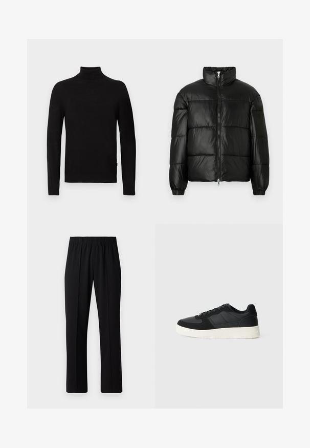 Svart pufferjakke med høy krage, glidelås foran, quiltet design, elastiske mansjetter og blank, glatt stofffinish.; Svart langermet genser med høy hals, med ribbestrikket krage, mansjetter og kant, vist mot en hvit bakgrunn.; Svart, elastisk midjebukser med rett ben-design, med en glatt tekstur og uten synlige mønstre eller maskinvare.; Svart lavtopp sneakers med teksturert lær og semskede paneler, hvit gummisåle og svarte snørebånd på en enkel lys bakgrunn.