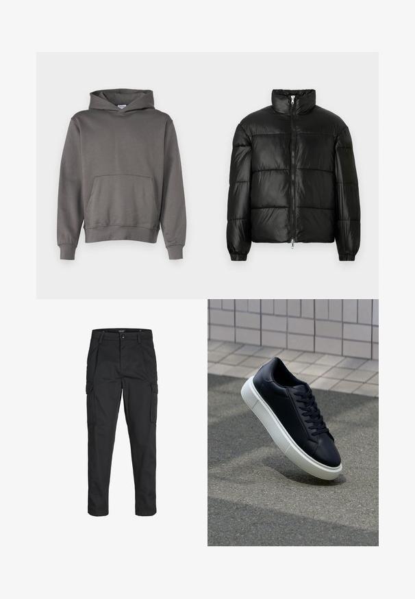 Svart pufferjakke med høy krage, glidelås foran, quiltet design, elastiske mansjetter og blank, glatt stofffinish.; Grå hettegenser laget av myk stoff; har en kengurulomme, justerbar snor i hetta og ribbede mansjetter og nederkant. Jevn tekstur.; Sorte cargo bukser laget av slitesterkt stoff, med flere lommer, knappelukking og en slim fit-design med avsmalnede ben.; Sorte skinnsneakers med rund tå og hvit gummisåle. Har flate lisser og minimal søm på overdelen. Strukturert såle for grep.