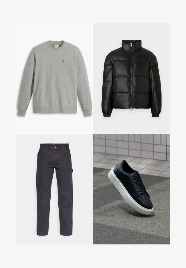 Svart puffjacka med hög krage, dragkedja fram, kviltat mönster, elastiska ärmslut och en blänkande, slät ytfinish.; Grå sweatshirt gjord av mjukt tyg. Har rund halsringning och långa ärmar. Visar en liten röd Levi's-logotyp på bröstet.; Mörkgrå cargobyxor i slitstark tyg, med rak benform, fem fickor och knappstängning i midjan.; Svart lädersneaker med rundad tå och vit gummisula. Har platta snören och minimal sömnad på ovansidan. Texturerad sula för grepp.