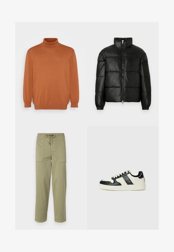 Czarna kurtka puchowa z wysokim kołnierzem, zapięciem na zamek błyskawiczny z przodu, pikowanym wzorem, elastycznymi mankietami oraz błyszczącym, gładkim wykończeniem materiału.; Jack & Jones JJEEMIL brązowy; Jasnooliwkowe spodnie z bawełnianej mieszanki, z elastycznym pasem ze sznurkiem oraz dwoma dużymi bocznymi kieszeniami.; Skórzane sneakersy w czarno-kremowym schemacie kolorystycznym, z perforowanymi akcentami, wyściełanym kołnierzem i teksturowaną podeszwą.