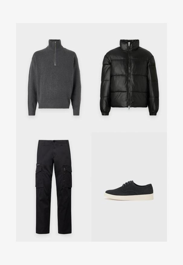Doudoune noire avec un col montant, fermeture éclair sur le devant, design matelassé, poignets élastiques et finition en tissu lisse et brillant.; Jack & Jones JOROLLIE HALF ZIP - Pullover - iron gate; Pantalons cargo noirs avec plusieurs poches, une poche zippée sur la cuisse, coupe droite et tissu en coton résistant avec un léger éclat.; Chaussure en daim noir à lacets avec un bout arrondi, semelle légère crème et subtils accents de coutures bleues sur la tige.