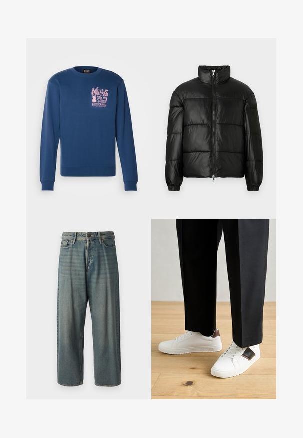 Čierna páperová bunda s vysokým golierom, predným zipsom, prešívaným dizajnom, elastickými manžetami a lesklým hladkým materiálom.; Námornícky modrý sveter s dlhými rukávmi, žebrovanými manžetami a lemovaním. Na ľavej strane hrude sa nachádza ružový grafický potlač s textom.; Svetlomodré denimové nohavice so voľným strihom, stredne vysokým pásom a rovnými nohavicami. Obsahujú päť vreciek, pútka na opasok a zapínanie na gombík.; Biele tenisky s hladkým povrchom, s hnedými koženými akcentmi a čiernymi detailmi, spárované s čiernymi elegantnými nohavicami. Pozadím je drevená podlaha.