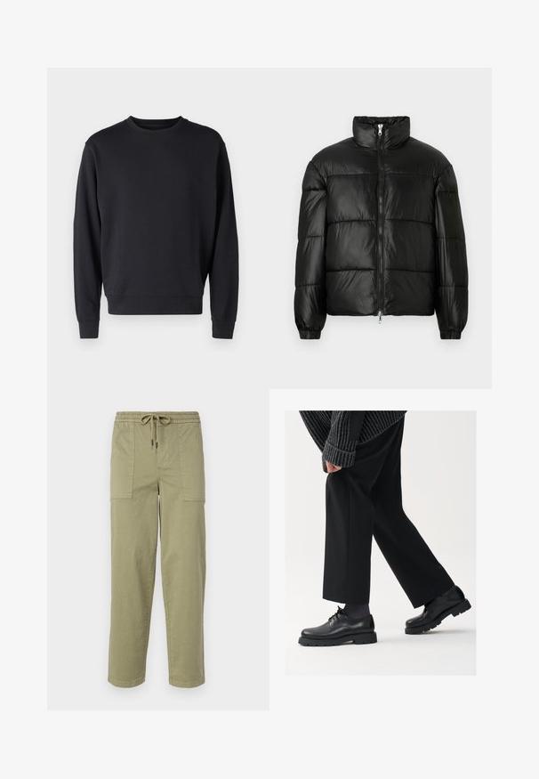 Must mustaga jakker, millel on kõrge krae, luku esikinnitus, tikanditud disain, elastsed mansetid ja läikiv, sile kangast viimistlus.; Must mustelaste segu, ümmarguse kaeluse, pikkade käiste ja soonikkoeservadega must pusake. Sile tekstuur, minimalistlik disain.; Kerged oliivrohelised püksid, mis on valmistatud puuvilla segakangast, elastse vöökoha ja nööriga, ning kahel suurel küljeosal.; Mustad mustad nahast kingad ümarate varvastega, nööridega disain ja paks tekstuurne talla. Kanda koos kohandatud mustade pükstega ja ribadega sviitriga.