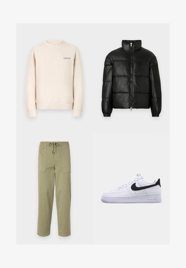 Schwarze Daunenjacke mit hohem Kragen, Reißverschluss vorne, gestepptem Design, elastischen Bündchen und glänzendem, glattem Stofffinish.; Beige Sweatshirt mit Rundhalsausschnitt, langen Ärmeln, gerippten Bündchen und der Aufschrift "Club1990" in dunkler Farbe auf der Vorderseite gestickt.; Helle olivgrüne Hose aus Baumwollmischgewebe, mit einem elastischen Bund und Kordelzug sowie zwei großen Seitentaschen.; Weißes Leder-Sneaker mit einem strukturierten schwarzen Swoosh, flachen Schnürsenkeln und einer Gummisohle mit genoppetem Muster. "AIR" ist auf der Ferse eingeprägt.