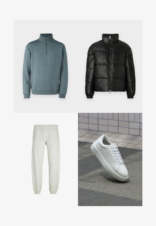 Giacca a vento nera con colletto alto, chiusura frontale con zip, design trapuntato, polsini elasticizzati e finitura in tessuto lucido e liscio.; Jack & Jones JJEBRADLEY HALF ZIP - Felpa - goblin blue; Pantaloni tuta bianchi realizzati in tessuto morbido, dotati di vita e polsini elastici, con una texture liscia e una vestibilità ampia.; Sneaker bianco in pelle con superficie liscia, punta rotonda e lacci piatti bianchi. Presenta una suola in gomma texturizzata e un design minimale.