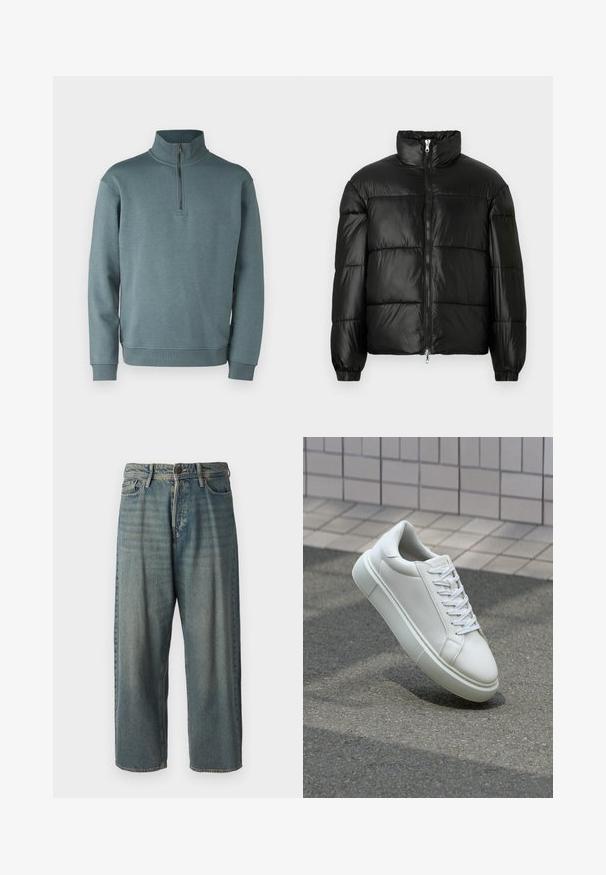 Černá péřová bunda s vysokým límcem, zapínáním na zip, prošívaným designem, elastickými manžetami a lesklým, hladkým povrchem.; Jack & Jones JJEBRADLEY HALF ZIP - Mikina - goblin blue; Světle modré denimové džíny s volným střihem, středně vysokým pasem a rovnými nohavicemi. Obsahují pět kapes, poutka na opasek a zapínání na knoflík.; Bílé kožené tenisky s hladkým povrchem, kulatou špičkou a plochými bílými tkaničkami. Disponují texturovanou gumovou podrážkou a minimálními designovými prvky.