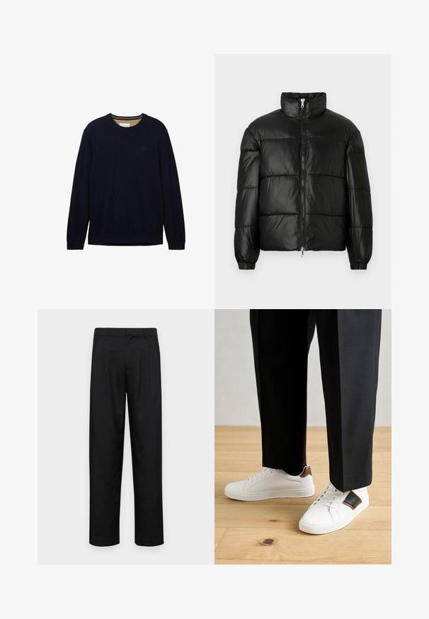 Schwarze Daunenjacke mit hohem Kragen, Reißverschluss vorne, gestepptem Design, elastischen Bündchen und glänzendem, glattem Stofffinish.; Marineblauer Pullover aus weichem Material, mit Rundhalsausschnitt, langen Ärmeln und einem dezenten Logo auf der Brust. Geschmeidige Textur und entspannter Schnitt.; Schwarze Hose aus glattem Stoff, mit geradem Bein Design, zwei vorderen Falten und einem Standardbund mit Gürtelschlaufen.; Weiße Sneakers mit glatter Textur, versehen mit braunen Lederakzenten und schwarzen Details, kombiniert mit schwarzen maßgeschneiderten Hosen. Hintergrund aus Holzboden.