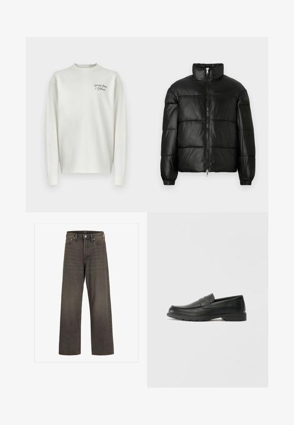 Schwarze Daunenjacke mit hohem Kragen, Reißverschluss vorne, gestepptem Design, elastischen Bündchen und glänzendem, glattem Stofffinish.; Weißes langärmeliges T-Shirt mit Rundhalsausschnitt und kontrastierendem schwarzen, gestickten Text auf der Brust. Hergestellt aus weichem Stoff mit einer lockeren Passform.; Weite Jeans aus dunkelgrauem Denim mit hoher Taille, klassischem Fünf-Taschen-Design und kontrastierendem Stepp entlang der Nähte.; Schwarze Lederloafers mit glatter Oberfläche, Mokassin-oberteil, genähten Details und Gummisohle. Klassisches Design mit niedrigem Absatz.