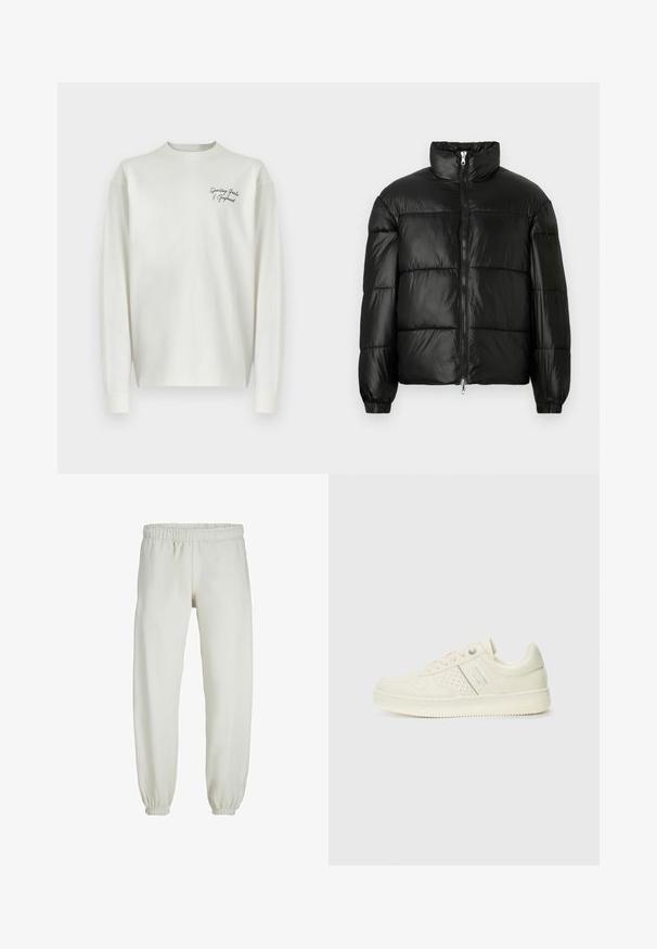 Črna pufasta jakna z visokim ovratnikom, z zadrgo spredaj, prešito zasnovo, elastičnimi manšetami in sijočim, gladkim zaključkom tkanine.; Bela majica z dolgimi rokavi s krožnim ovratnikom in kontrastnim črnimi vezenimi napisi na prsih. Narejena iz mehke tkanine z ohlapnim krojem.; Bele trenerke narejene iz mehkega blaga, z elastičnim pasom in manšetami, gladke teksture in ohlapnega kroja.; Sneaker v kremni barvi s perforiranim detajlom, vezalkami in logotipom na strani, prikazan na enostavni beli ozadju.