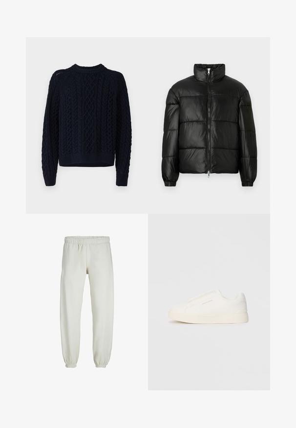 Melna pūkainā jaka ar augstu apkakli, rāvējslēdzēja priekšējo aizdari, quilted dizainu, elastīgām piedurknēm un spīdīgu, gludu auduma apdari.; Tumši zila adīta džemperis ar kabelīšu aušanas rakstu, apaļu kakla izgriezumu un ribinātām piedurknēm un apakšmalu. Mīksta tekstūra, nedaudz īsāka forma.; Baltas treniņbikses, izgatavotas no mīkstas auduma, ar elastīgu jostu un piedurknēm, gluda tekstūra un brīva piegriezuma dizains.; Baltas slip-on sporta apavi ar teksturētu virsmu, biezu zoli un minimālistisku dizainu. Sānos redzams zīmola logotips.