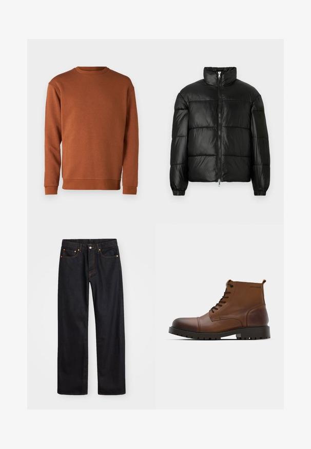 Casaco puffer preto com gola alta, fecho frontal em zíper, design acolchoado, punhos elásticos e acabamento de tecido brilhante e suave.; Jack & Jones JJEBRADLEY CREW - Camisola - mocha bisque; Calças de ganga pretas para homem, de pernas retas, com cinco bolsos e costura laranja, fecho de botão e zíper na cintura da frente.; Botas de tornozelo em pele castanha com bico redondo, atacadores pretos e sola de borracha texturizada. Apresenta detalhe do logo na lateral e acabamento suave.