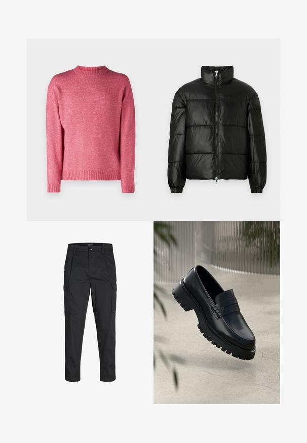Schwarze Daunenjacke mit hohem Kragen, Reißverschluss vorne, gestepptem Design, elastischen Bündchen und glänzendem, glattem Stofffinish.; Jack & Jones JOROLLIE CREW NECK - Strickpullover - fuchsia rose; Schwarze Cargo-Hose aus robustem Material, mit mehreren Taschen, einem Knopfverschluss und einem Slim-Fit-Design mit schmal zulaufenden Beinen.; Schwarze Lederloafer mit einer robusten profilierten Sohle, ausgestattet mit einem dekorativen Riemen und einer Stichdetail. Glatte Textur mit einem polierten Finish.