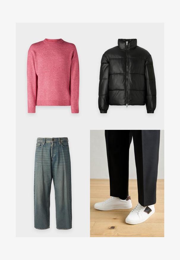 Crna puffer jakna s visokim ovratnikom, zatvaranjem na zip, quilted dizajnom, elastičnim manžetama i sjajnim, glatkim materijalom.; Jack & Jones JOROLLIE CREW NECK - Vesta - fuchsia rose; Svijetloplave traperice s širokim krojem, srednjim pojasom i ravnim nogavicama. Ima pet džepova, petlje za remen i kopčanje na gumb.; Bijele tenisice s glatkom teksturom, s smešnim kožnim detaljima i crnim naglascima, u kombinaciji s crnim krojenim hlačama. Pozadina od drvenog poda.
