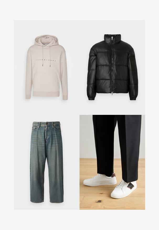 Giacca a vento nera con colletto alto, chiusura frontale con zip, design trapuntato, polsini elasticizzati e finitura in tessuto lucido e liscio.; Felpa color beige con cordini, tasca frontale e logo stampato "JACK & JONES". Materiale morbido e polsini e orlo a costine.; Jeans di denim azzurro chiaro con vestibilità ampia, vita media e gambe dritte. Presenta cinque tasche, passanti per cintura e chiusura con bottone.; Sneakers bianchi dalla texture liscia, con dettagli in pelle marrone e particolari neri, abbinati a pantaloni neri su misura. Sfondo in parquet.