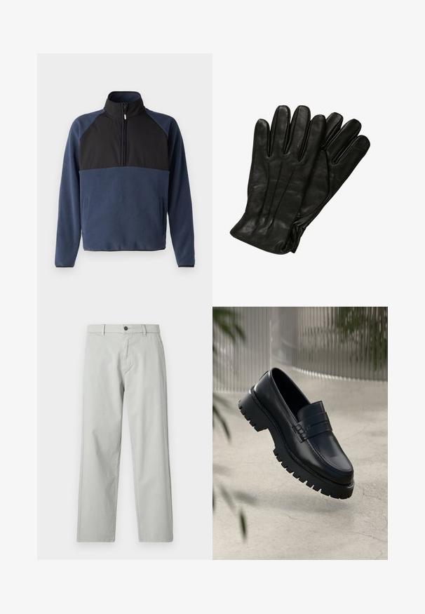 Melna pūkainā jaka ar augstu apkakli, rāvējslēdzēja priekšējo aizdari, quilted dizainu, elastīgām piedurknēm un spīdīgu, gludu auduma apdari.; Jack & Jones JCOPEAK HIGH NECK HALF ZIP - Flīsa džemperis - navy blazer; Gaiši pelēkas, taisnas bikses, izgatavotas no gludas, audētas auduma. Izkārtojums ar priekšējo pogu aizdari un sānu kabatām. Minimālisma stils.; Melni ādas loafers ar masīvu protektora zoli, ar dekoratīvu siksnu un šuvuma detaļām. Gluda tekstūra ar spīdīgu apdari.; Melna ādas cimdi ar gludu faktūru, piecām pirkstiem un delikātiem izšuvumiem. Klasisks dizains, piemērots aukstam laikam.