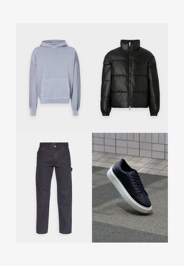 Doudoune noire avec un col montant, fermeture éclair sur le devant, design matelassé, poignets élastiques et finition en tissu lisse et brillant.; Haut à capuche bleu clair avec une poche avant, capuche à cordon de serrage et poignets côtelés. Fabriqué en tissu doux et texturé avec une coupe décontractée.; Pantalons cargo gris foncé en tissu durable, avec une coupe droite, cinq poches et une fermeture à bouton à la taille.; Baskets noires en cuir avec bout arrondi et semelle en caoutchouc blanc. Elles présentent des lacets plats et une couture minimale sur la tige. Semelle texturée pour une bonne adhérence.