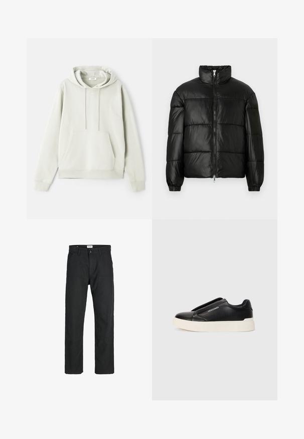 Geacă neagră din material puffy, cu guler înalt, închidere cu fermoar pe față, design matlasat, mansete elastice și finisaj din țesătură lucioasă și netedă.; Hanorac gri deschis, realizat dintr-un material moale, având o buzunare tip cangur, glugă ajustabilă cu șnur și un logo minimalist pe față.; Pantaloni negri dintr-un material durabil, cu un design cu picior drept, accente cusute și două buzunare frontale pentru funcționalitate.; Tenis negri slip-on cu upper din piele texturată, talpă din cauciuc alb și fără șireturi vizibile. Prezintă logo-ul mărcii pe lateral.
