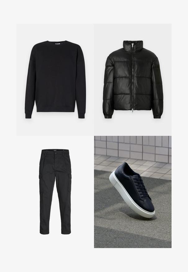 Black puffer jacket with a high collar, zip front closure, quilted design, elastic cuffs, and shiny, smooth fabric finish.; Black sweatshirt made of soft fabric featuring a crew neckline, dropped shoulders, ribbed cuffs, and a straight hem. No patterns or logos visible.; Black cargo pants made of sturdy fabric, featuring multiple pockets, a button closure, and a slim fit design with tapered legs.; Black leather sneaker with rounded toe and white rubber sole. Features flat laces and minimal stitching on the upper. Textured sole for grip.