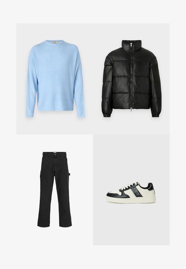 Črna pufasta jakna z visokim ovratnikom, z zadrgo spredaj, prešito zasnovo, elastičnimi manšetami in sijočim, gladkim zaključkom tkanine.; Only & Sons ONSDRAKE CREW NECK - Pulover - powder blue; Črne cargo hlače iz mešanice bombaža. Imajo široke noge, sprednje diagonalne žepke in stranski žep z zanko za dodatke.; Usnjeni športni čevlji z črno in krem barvno shemo, ki vključujejo perforirane dodatke, podložen ovratnik in strukturirano podplat.