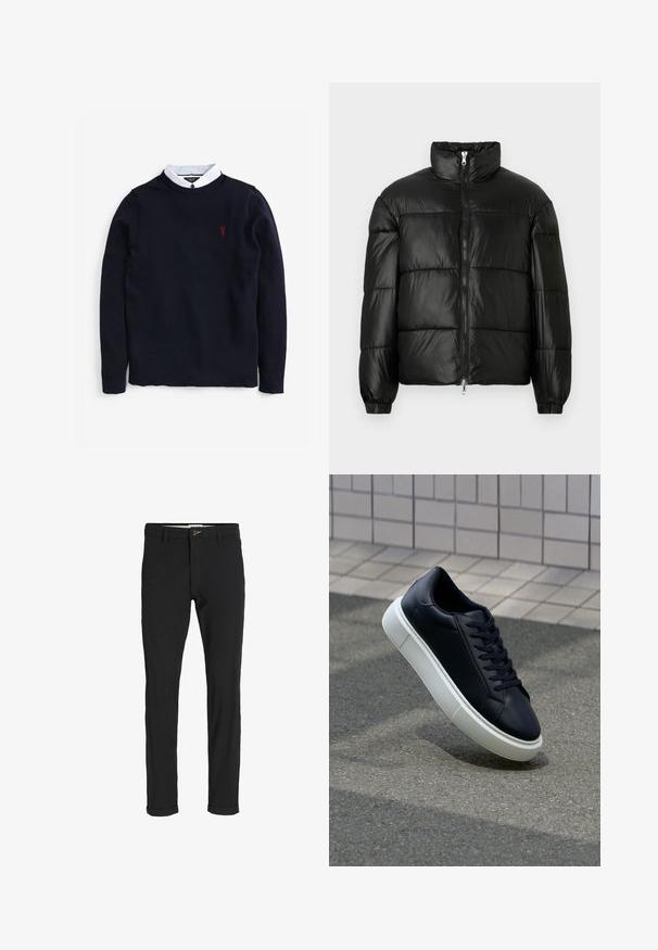 Schwarze Daunenjacke mit hohem Kragen, Reißverschluss vorne, gestepptem Design, elastischen Bündchen und glänzendem, glattem Stofffinish.; Marineblauer Pullover mit strukturiertem Strickmuster, darunter ein weißes Hemd mit Kragen und einem kleinen roten Logoakzent auf der Brust.; Schwarze Baumwollmischungshose mit schmalem Schnitt, gekennzeichnet durch einen Knopfverschluss, Taschen und umgeschlagenen Säumen für einen lässigen Abschluss.; Schwarze Leder-Sneaker mit runder Zehenpartie und weißer Gummisohle. Verfügt über flache Schnürsenkel und minimale Nähte im Obermaterial. Strukturiertes Sohlenprofil für besseren Halt.