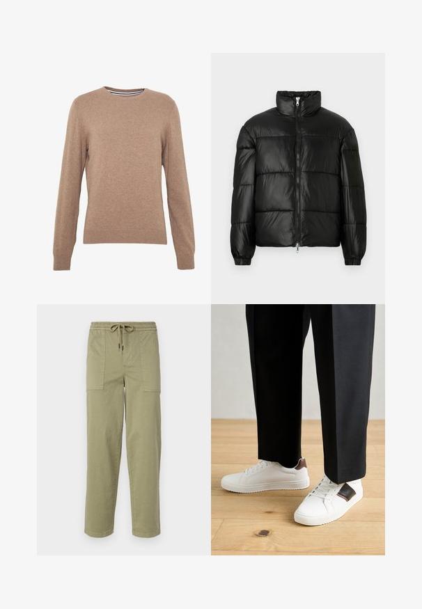 Černá péřová bunda s vysokým límcem, zapínáním na zip, prošívaným designem, elastickými manžetami a lesklým, hladkým povrchem.; Hnědý svetr z pletené látky, s kulatým výstřihem a dlouhými rukávy. Hlavice a lem jsou ribbované, v jednobarevném provedení s měkkou texturou.; Pantalony světle olivové barvy vyrobené z bavlněné směsi, s elastickým pasem na šnůrku a dvěma velkými bočními kapsami.; Bílé tenisky s hladkým povrchem, s hnědými koženými akcenty a černými detaily, kombinované s černými kalhotami na míru. Pozadí tvoří dřevěná podlaha.