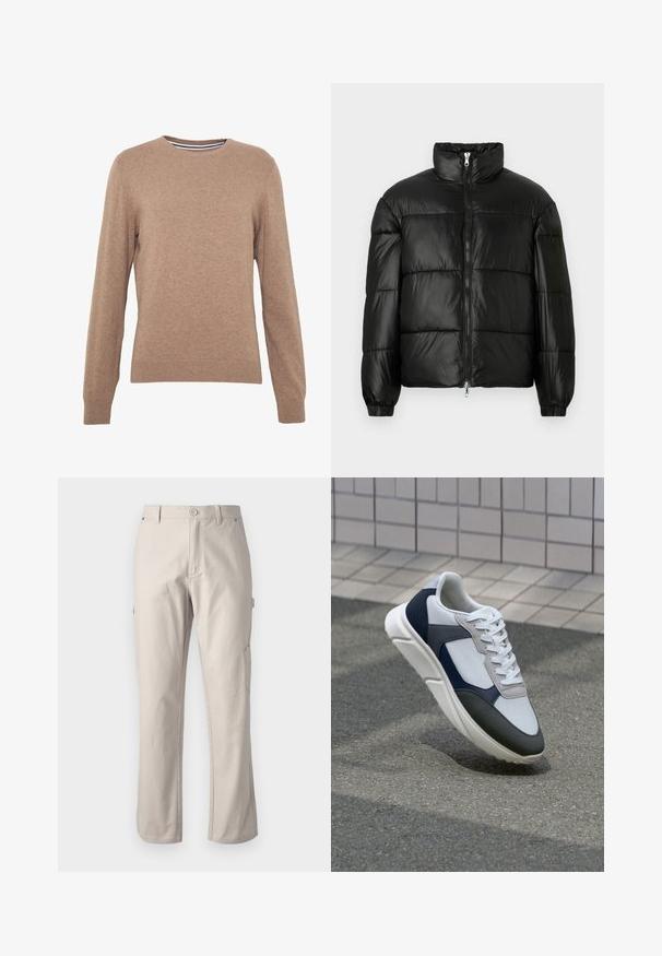 Doudoune noire avec un col montant, fermeture éclair sur le devant, design matelassé, poignets élastiques et finition en tissu lisse et brillant.; Pull marron en tissu tricoté, avec un col rond et des manches longues. Poignets et ourlet côtelés, couleur unie avec une texture douce.; Pantalons cargo beiges en coton résistant, à jambes droites, avec une fermeture par bouton à l'avant et des poches latérales pratiques. Texture lisse avec des coutures subtiles.; Baskets blanches, bleu marine et grises avec un design en matériaux mélangés, présentant une tige texturée, des lacets plats et une semelle rembourrée.