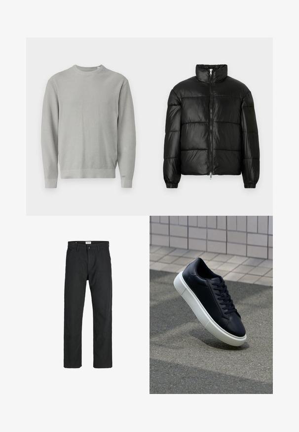 Black puffer jacket with a high collar, zip front closure, quilted design, elastic cuffs, and shiny, smooth fabric finish.; Light gray knit sweater with a round neckline, long sleeves, ribbed cuffs, and hem. Textured fabric with a consistent pattern throughout.; Black pants made of durable fabric, featuring a straight-leg design, stitched accents, and two front pockets for functionality.; Black leather sneaker with rounded toe and white rubber sole. Features flat laces and minimal stitching on the upper. Textured sole for grip.