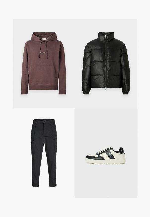 Zwarte pufferjack met een hoge kraag, ritsvoorzijde, gestikt ontwerp, elastische manchetten en een glanzende, gladde stofafwerking.; Bruine pullover hoodie met een voorste kangoeroezak, verstelbare trekkoordkap en geborduurde tekst op de borst. Katoenmix stof.; Zwarte cargobroek van stevig stof, met meerdere zakken, een knoopsluiting en een slim fit ontwerp met taps toelopende benen.; Leren sneakers met een zwart en crèmekleurig kleurenschema, voorzien van geperforeerde accenten, een gevoerde kraag en een gestructureerde buitenzool.