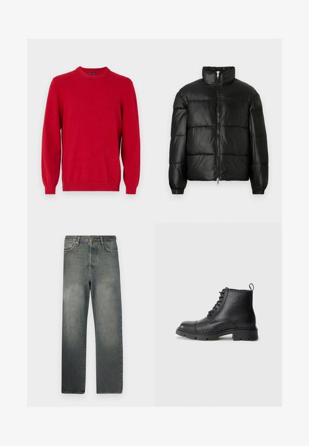 Melna pūkainā jaka ar augstu apkakli, rāvējslēdzēja priekšējo aizdari, quilted dizainu, elastīgām piedurknēm un spīdīgu, gludu auduma apdari.; Sarkana džemperis, kas izgatavots no mīkstā adījuma, ar apaļu kakla izgriezumu, garām piedurknēm un ribotām aprocēm un apakšmalu. Vienkāršs dizains bez papildu rakstiem.; Jack & Jones JJIALEX JJCOOPER - Plati džinsi - black denim; Melna ādas zābaku potītes ar saites, biezu zoli, dūrienu detaļām, zīmola logotipu sānos un cilpu aizmugurē.