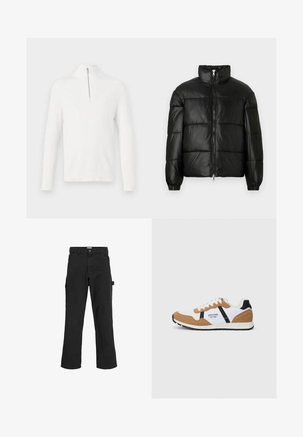 Schwarze Daunenjacke mit hohem Kragen, Reißverschluss vorne, gestepptem Design, elastischen Bündchen und glänzendem, glattem Stofffinish.; Weißer, gerippter Strickpullover mit langen Ärmeln und hohem Kragen. Verfügt über ein silbernes, mit Reißverschluss versehenes Vorderdesign. Weiche Textur und enganliegende Form.; Schwarze Cargo-Hosen aus einem Baumwoll-Mischgewebe. Mit weitem Bein, schrägen Taschen vorne und einer Seitentasche mit einer Schlaufe für Accessoires.; Retro-Sneaker mit weißen, hellbraunen Wildlederelementen, schwarzen Akzenten, weißen Schnürsenkeln und dem "Jack & Jones EST. 1990"-Logo an der Seite.