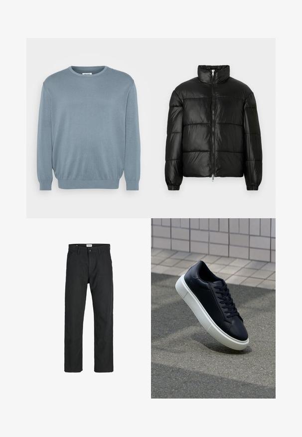 Svart puffjacka med hög krage, dragkedja fram, kviltat mönster, elastiska ärmslut och en blänkande, slät ytfinish.; Ljusblå tröja i stickat tyg med rund halsringning samt ribbade ärmslut och nederkant. Enkelt mönster med mjuk textur.; Svarta byxor i slitstarkt tyg, med rak bendesign, stickade detaljer och två framfickor för funktionalitet.; Svart lädersneaker med rundad tå och vit gummisula. Har platta snören och minimal sömnad på ovansidan. Texturerad sula för grepp.