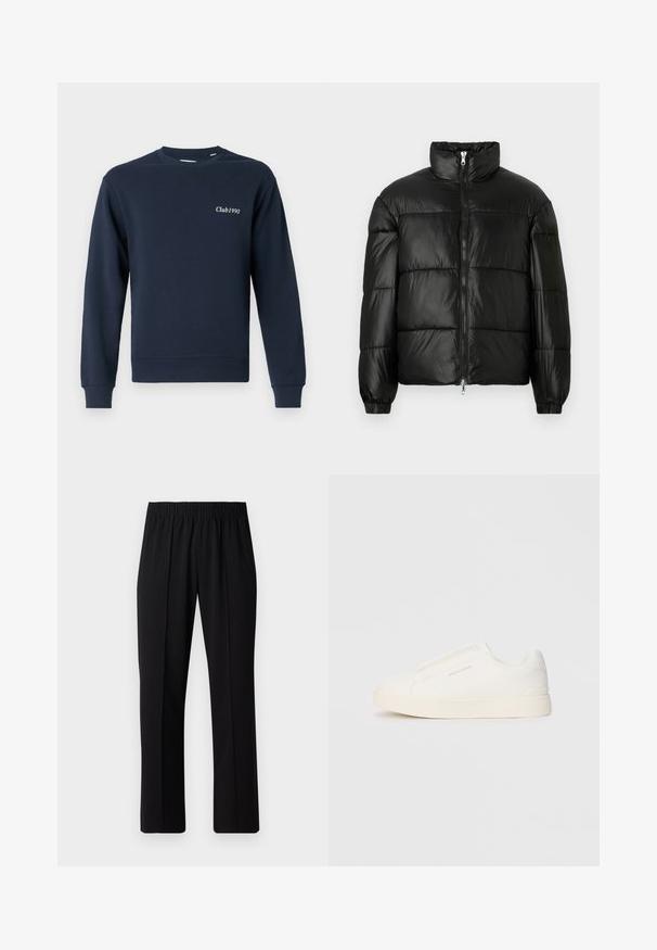 Schwarze Daunenjacke mit hohem Kragen, Reißverschluss vorne, gestepptem Design, elastischen Bündchen und glänzendem, glattem Stofffinish.; Navyblaue Sweatshirt, Rundhalsausschnitt, lange Ärmel, gerippte Bündchen und Saum. Mit "Club1990" auf der linken Brust bestickt. Weicher Stoff.; Schwarze, Gummibund-Hosen mit geradem Schnitt, die eine glatte Textur aufweisen und keine sichtbaren Muster oder Beschläge haben.; Weiße Slip-On-Sneaker mit einer strukturierten Oberfläche, dicker Sohle und minimalistischem Design. Mit Logo der Marke an der Seite.
