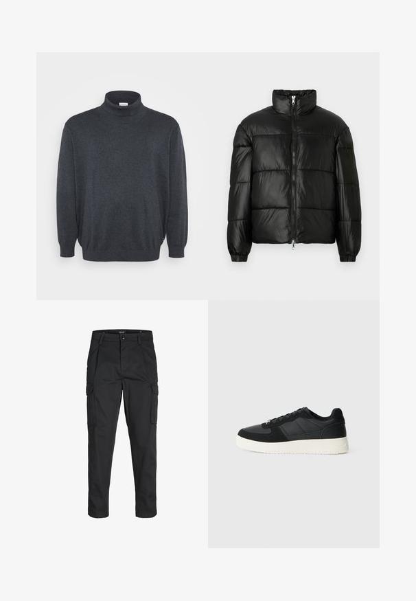 Black puffer jacket with a high collar, zip front closure, quilted design, elastic cuffs, and shiny, smooth fabric finish.; Jack & Jones JJEBASIC ROLL NECK - Jumper - dark grey melange; Black cargo pants made of sturdy fabric, featuring multiple pockets, a button closure, and a slim fit design with tapered legs.; Black low-top sneaker with textured leather and suede panels, white rubber sole, and black laces on a plain light background.