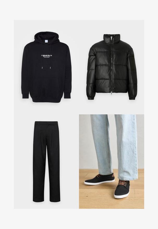 Črna pufasta jakna z visokim ovratnikom, z zadrgo spredaj, prešito zasnovo, elastičnimi manšetami in sijočim, gladkim zaključkom tkanine.; Črna kapuca majica iz mehkega materiala, z sprednjim žepom in drzno belim logotipom na prsih. Redna prileganje z vrvicami.; Črne hlače iz gladkega materiala, s krojem ravne noge, dvema sprednjima pregiboma in standardnim pasom z zankami za pas.; Črne platnene superge z rjavimi poudarki, belimi gumijastimi podplati in rjavimi vezalkami, v kombinaciji s svetlobluzimi naravnost krojenimi kavbojkami. Ozadje iz lesenih tal.
