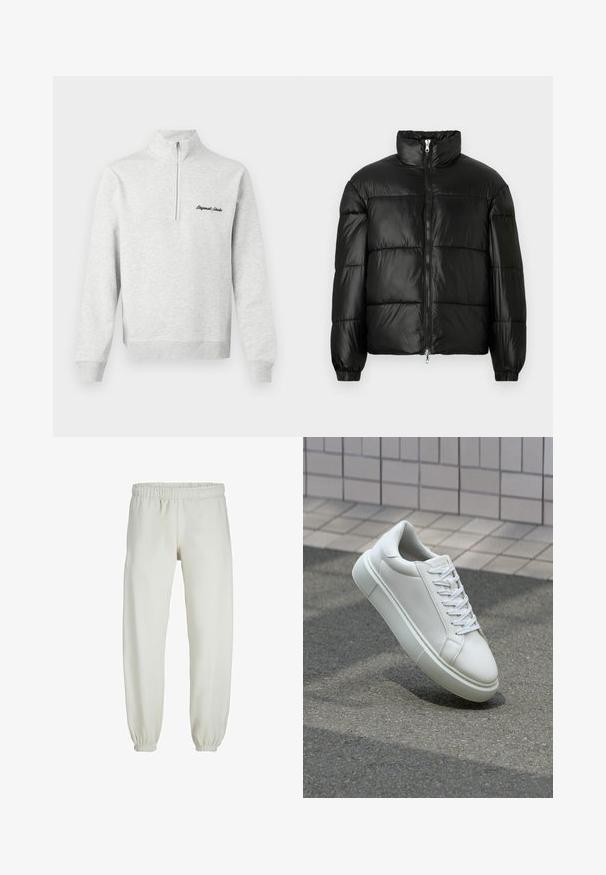 Čierna páperová bunda s vysokým golierom, predným zipsom, prešívaným dizajnom, elastickými manžetami a lesklým hladkým materiálom.; Svetlo šedý sveter s polovičným zipsom a na prednej strane vyšitým nápisom "Original Studio" v čiernej farbe, zobrazený na bielom pozadí.; Biele teplákové nohavice vyrobené z mäkkej textílie, s elastickým pásom a manžetami, s hladkým povrchom a voľným strihom.; Biele kožené tenisky s hladkým povrchom, okrúhlym špičkou a plochými bielymi šnúrkami. Obsahuje štruktúrovanú gumovú podrážku a minimalistický dizajn.