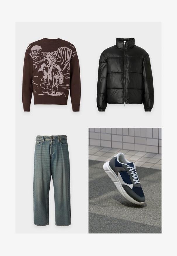 Black puffer jacket with a high collar, zip front closure, quilted design, elastic cuffs, and shiny, smooth fabric finish.; Brown knitted sweater featuring a cowboy and horse graphic in light beige, with a crew neck and ribbed cuffs at the sleeves and hem.; Light blue denim jeans with a loose fit, mid-rise waist, and straight legs. Features five pockets, belt loops, and a button closure.; Sneaker featuring a navy blue mesh upper, gray suede accents, white rubber sole, and flat white laces, designed for comfort and breathability.