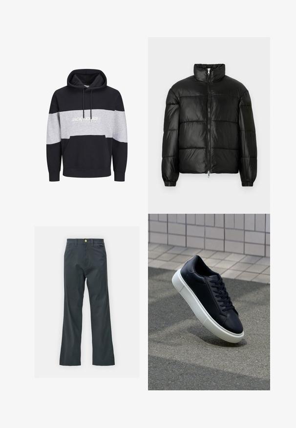 Schwarze Daunenjacke mit hohem Kragen, Reißverschluss vorne, gestepptem Design, elastischen Bündchen und glänzendem, glattem Stofffinish.; Navyblauer und grauer Farbblock-Hoodie aus Baumwolle, mit einer Kängurutasche und Logo-Print auf der Brust. Weicher Stoff und gerippte Bündchen.; Schwarze Hose mit geradem Bein, aus einem Baumwollmix. Verfügt über einen Metallknopfverschluss und seitliche Taschen. Keine sichtbaren Muster.; Schwarze Leder-Sneaker mit runder Zehenpartie und weißer Gummisohle. Verfügt über flache Schnürsenkel und minimale Nähte im Obermaterial. Strukturiertes Sohlenprofil für besseren Halt.