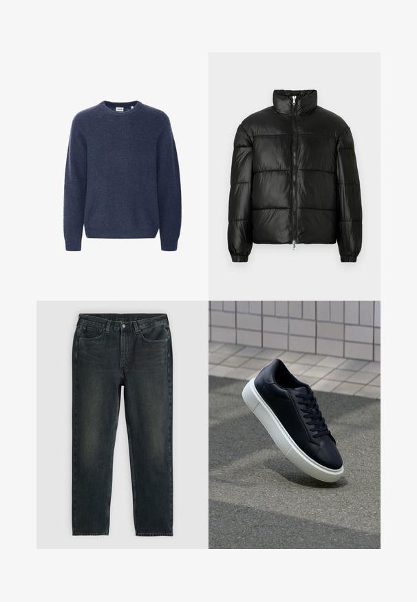 Svart puffjacka med hög krage, dragkedja fram, kviltat mönster, elastiska ärmslut och en blänkande, slät ytfinish.; Marinblå stickad tröja med rund halsringning, långa ärmar och ribbad textur. Tillverkad av mjukt, bekvämt tyg.; Mörkblå denimjeans med rak benstil, med fem fickor, dragkedja och kontrasterande sömmar. Subtil utblödning på tyget.; Svart lädersneaker med rundad tå och vit gummisula. Har platta snören och minimal sömnad på ovansidan. Texturerad sula för grepp.