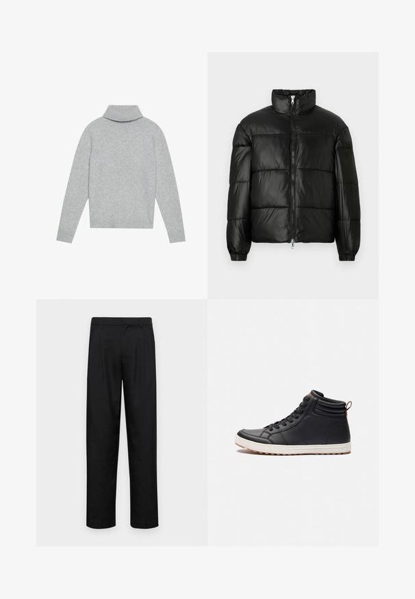 Geacă neagră din material puffy, cu guler înalt, închidere cu fermoar pe față, design matlasat, mansete elastice și finisaj din țesătură lucioasă și netedă.; Pulover cu gât înalt, de culoare gri deschis, cu guler și manșete cu model canelat, realizat dintr-un material tricotat moale. Are o siluetă lejeră și o culoare uniformă.; Pantaloni negri dintr-un material neted, cu un design drept, două pliuri frontale și un tiv standard cu bucle pentru curea.; Tenisi negri înalte, cu un superior sintetic neted, accente texturate, sistem de șireturi frontal și o talpă din cauciuc crem în contrast.