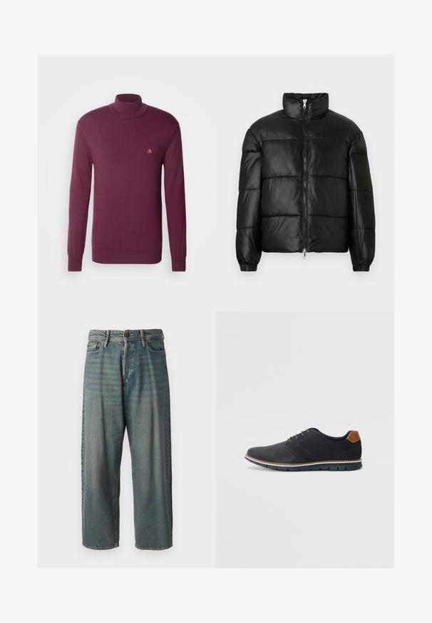 Mustat puffer-takki korkealla kauluksella, vetoketjukiinnitys edessä, tikattu malli, joustavat hihansuut ja kiiltävä, sileä kangasviimeistely.; Burgundy pitkähihainen poolopaita pehmeästä kankaasta, jossa on pitkät hiharat, ribbadut hihansuut ja pieni logo rinnassa. Yksinkertainen ja moderni muotoilu.; Vaaleansiniset farkut, joissa on väljä istuvuus, keskikorkea vyötärö ja suorat lahkeet. Ominaisuuksiin kuuluvat viisi taskua, vyölenkit ja nappisulku.; Mustat synteettiset kengät, joissa on teksturoitu päällinen, sileät yksityiskohdat, ruskea kanta ja erottuva pohja. Ominaisuuksina minimaalinen nauhoitus ja ompeluyksityiskohdat.