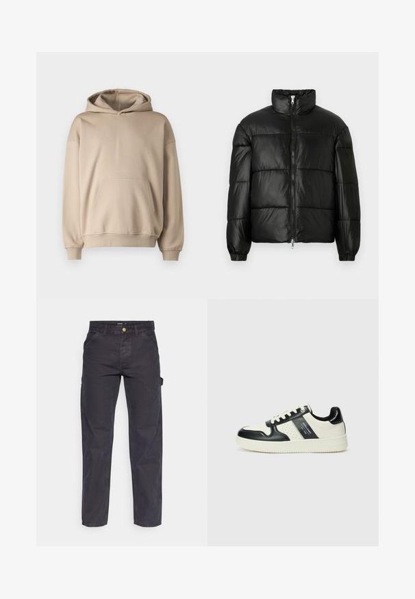 Zwarte pufferjack met een hoge kraag, ritsvoorzijde, gestikt ontwerp, elastische manchetten en een glanzende, gladde stofafwerking.; Beige capuchon sweatshirt, zachte stof, losse pasvorm, kangoeroezak, ribgebreide manchetten en zoom, minimalistisch ontwerp, gladde textuur.; Donkergrijze cargobroek van duurzaam materiaal, met een rechte pijp, vijf zakken en een knoopsluiting in de taille.; Leren sneakers met een zwart en crèmekleurig kleurenschema, voorzien van geperforeerde accenten, een gevoerde kraag en een gestructureerde buitenzool.