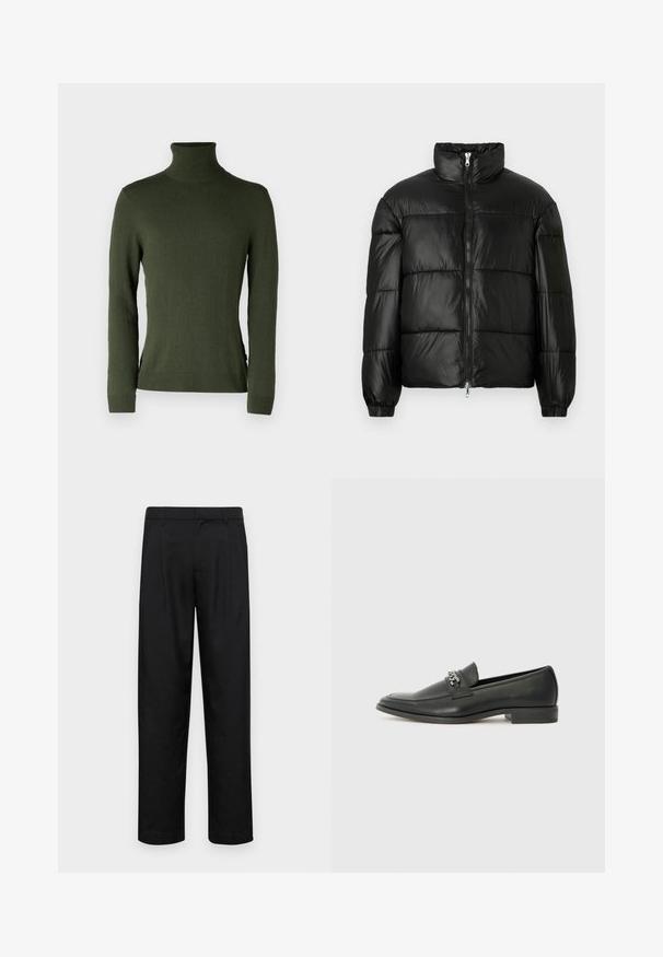 Black puffer jacket with a high collar, zip front closure, quilted design, elastic cuffs, and shiny, smooth fabric finish.; Green turtleneck sweater, made of soft fabric, features long sleeves, a slim fit, and ribbed cuffs and hem, with side slit detailing.; Black trousers made of smooth fabric, featuring a straight-leg design, two front pleats, and standard waistband with belt loops.; Black leather loafer with a smooth finish, featuring a stitched design and a decorative metal chain accent across the vamp. Flat heel.